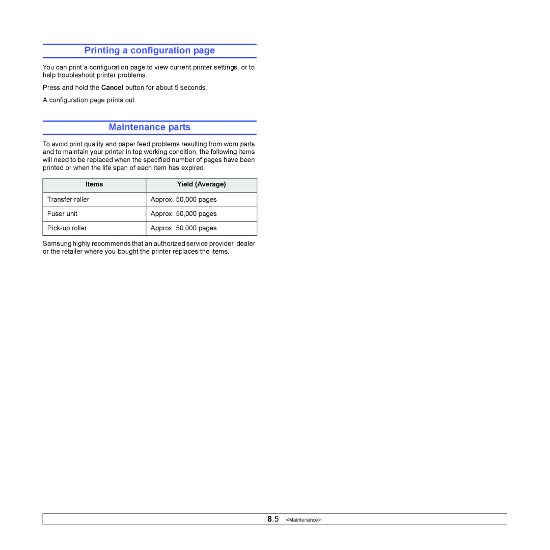 Samsung ML-2570 Series manual Printing a configuration page, Maintenance parts, Items, Yield Average 