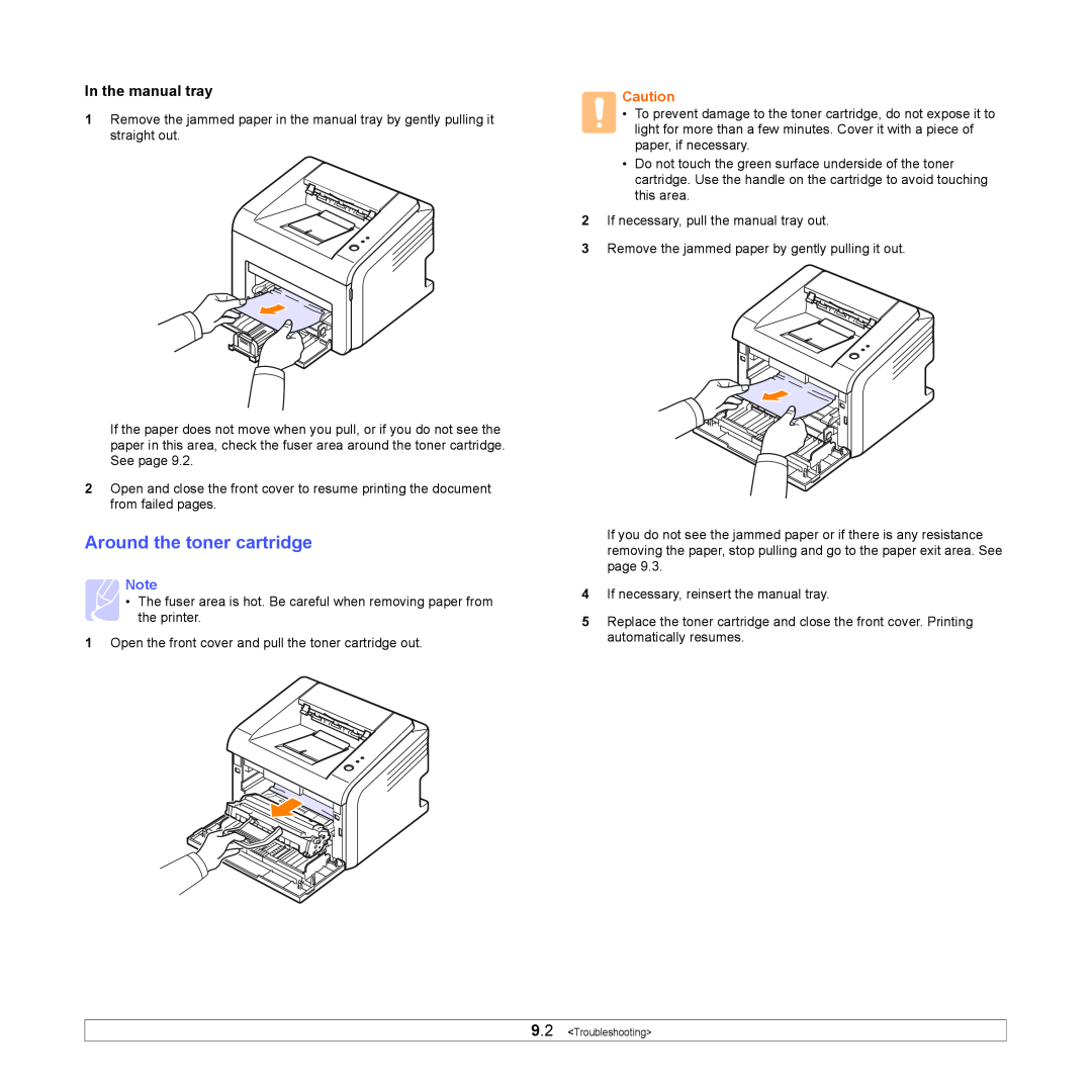 Samsung ML-2570 Series Around the toner cartridge, In the manual tray 