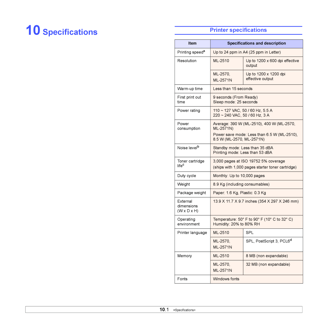Samsung ML-2570 Series manual Specifications, Printer specifications 