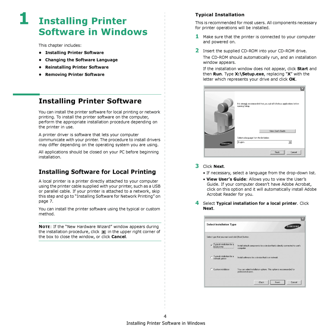 Samsung ML-2570 Series manual Installing Printer Software in Windows, Installing Software for Local Printing 