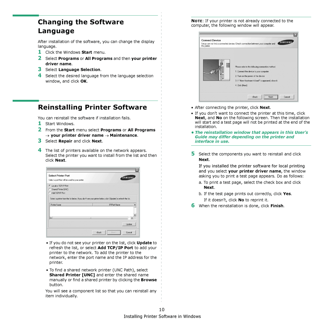 Samsung ML-2570 Series manual Changing the Software Language, Reinstalling Printer Software, Select Language Selection 