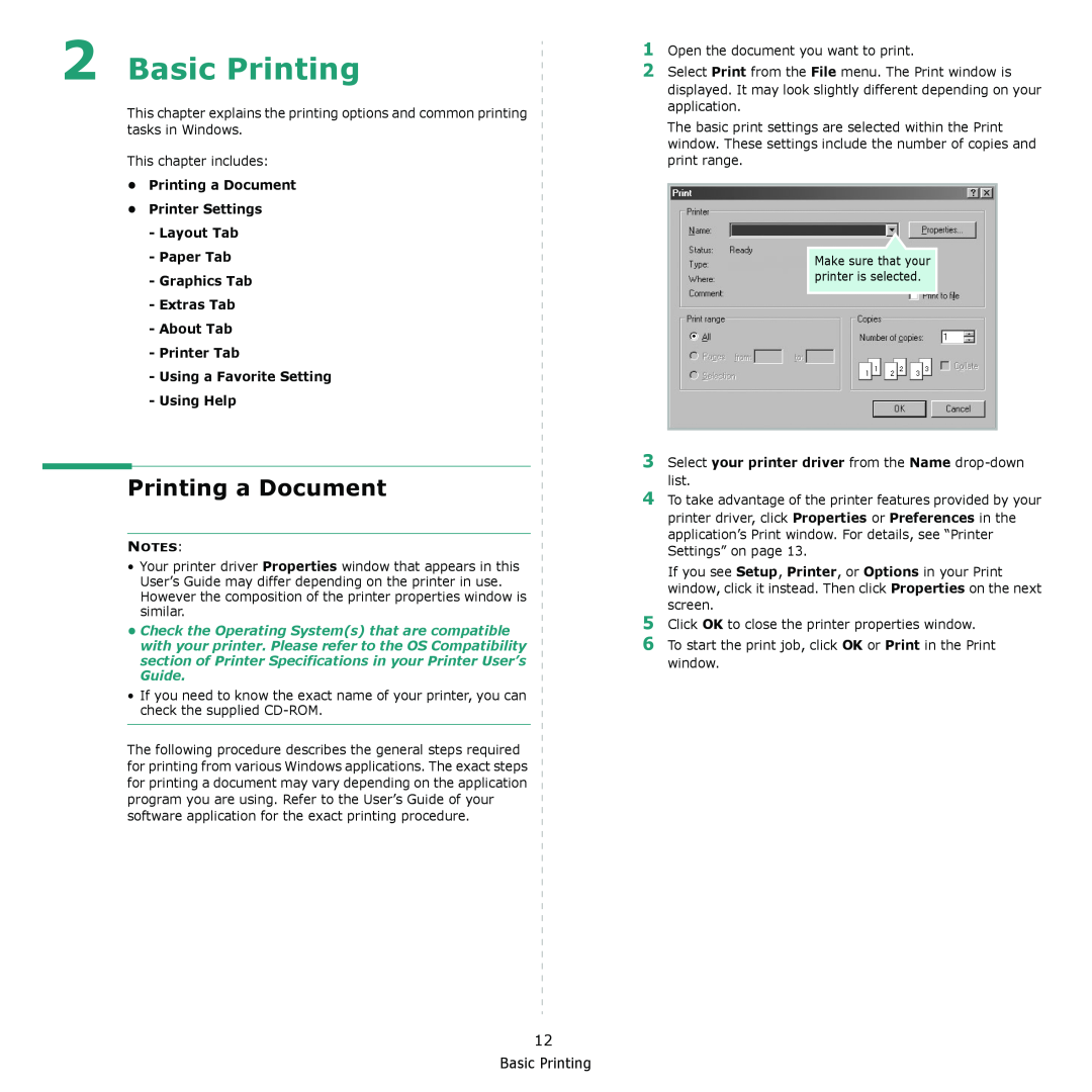 Samsung ML-2570 Series manual Basic Printing, Printing a Document Printer Settings Layout Tab Paper Tab 