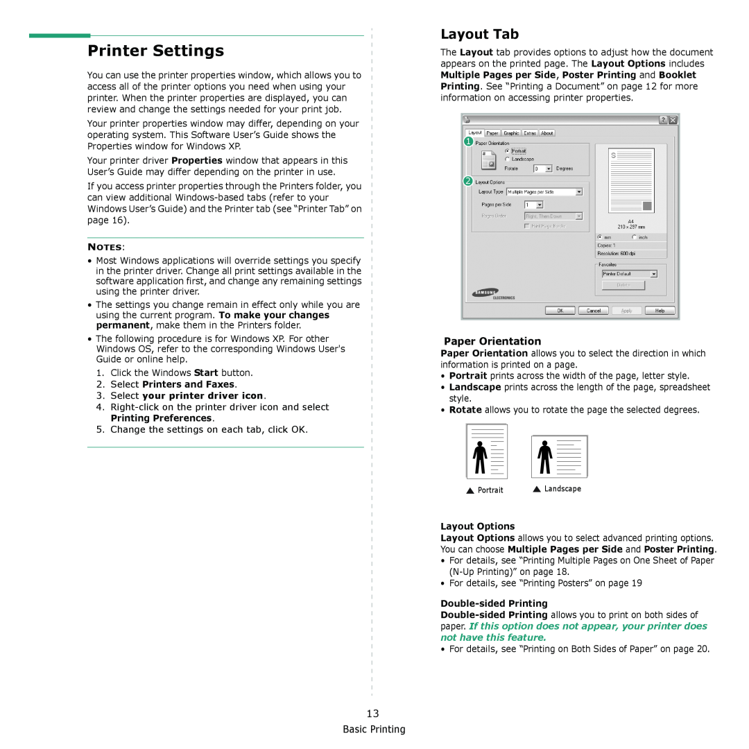 Samsung ML-2570 Series manual Printer Settings, Layout Tab, Paper Orientation, Layout Options, Double-sided Printing 