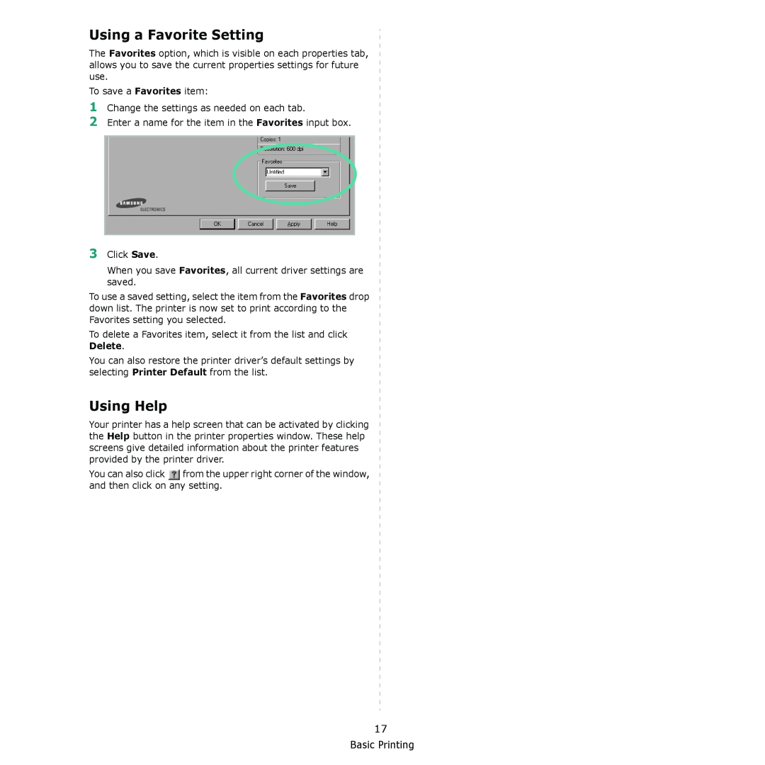 Samsung ML-2570 Series manual Using a Favorite Setting, Using Help, Basic Printing 