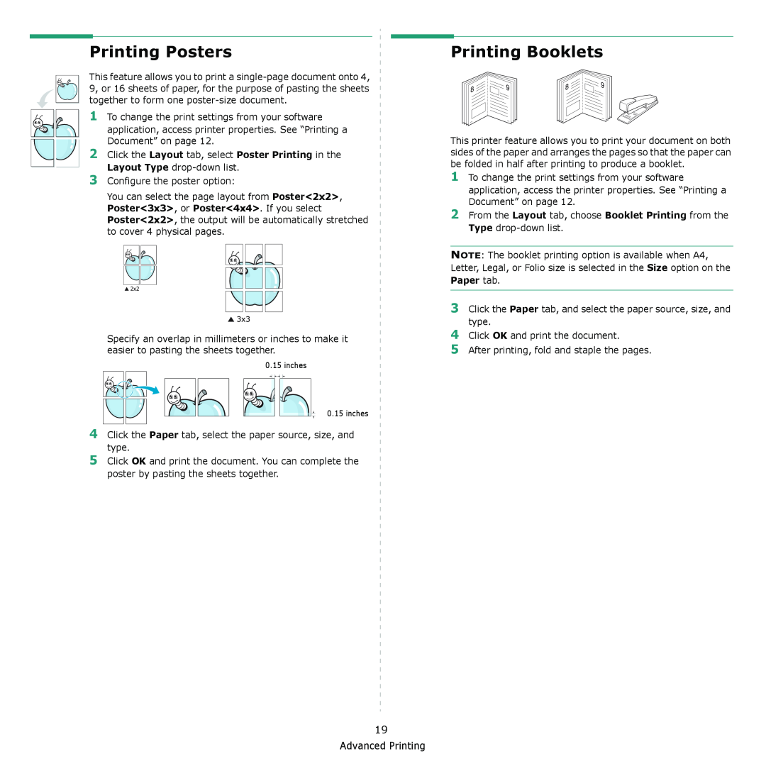 Samsung ML-2570 Series manual Printing Posters, Printing Booklets, Paper tab 