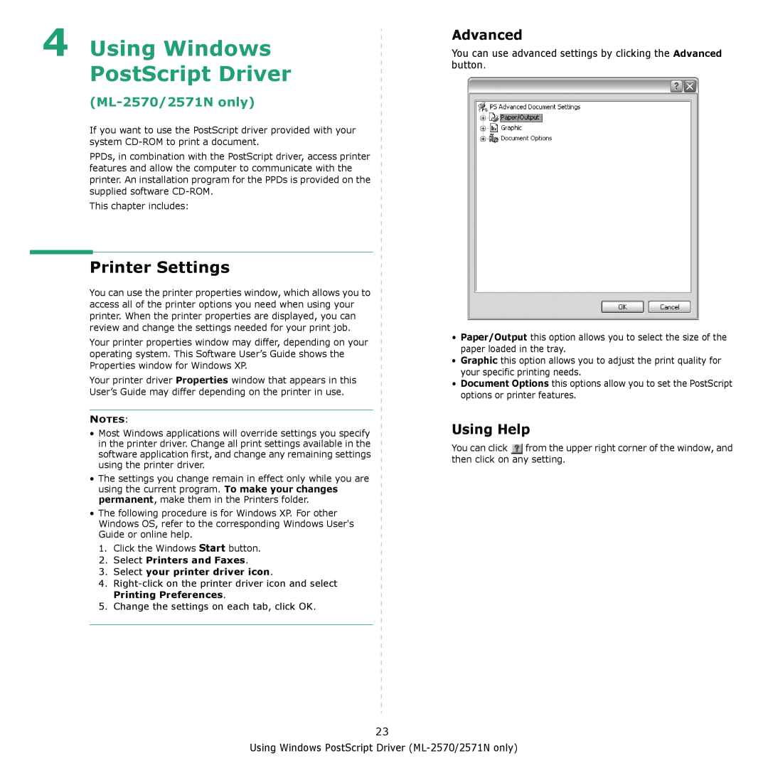 Samsung ML-2570 Series manual Using Windows PostScript Driver, Advanced, ML-2570/2571N only, Printer Settings, Using Help 