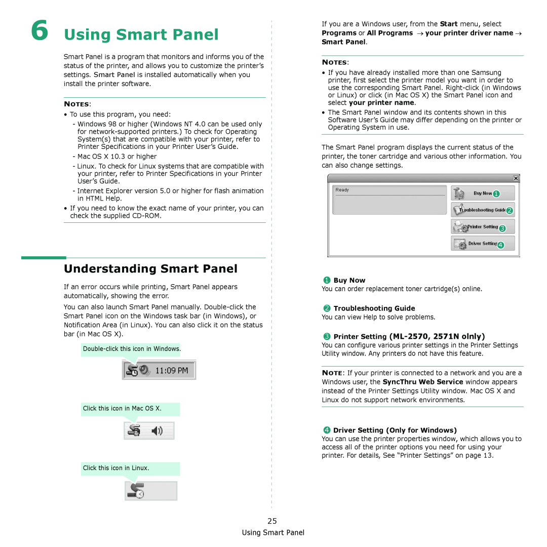 Samsung ML-2570 Series manual Using Smart Panel, Understanding Smart Panel, Printer Setting ML-2570, 2571N olnly, Buy Now 