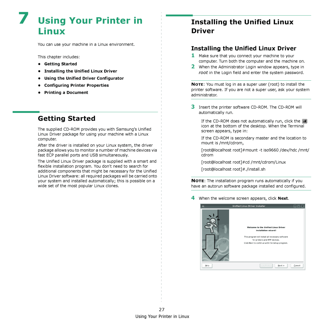 Samsung ML-2570 Series manual Using Your Printer in Linux, Getting Started, Installing the Unified Linux Driver 