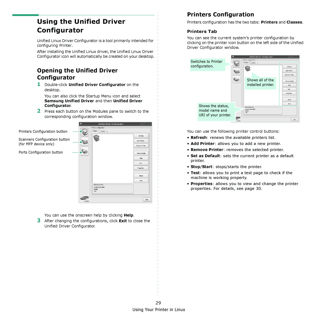 Samsung ML-2570 Series manual Using the Unified Driver Configurator, Printers Configuration, Printers Tab 