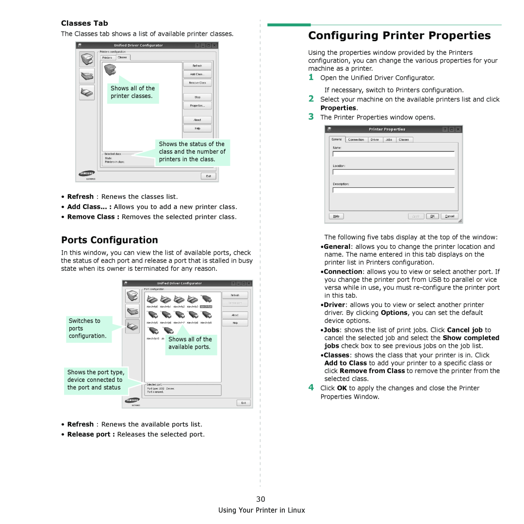 Samsung ML-2570 Series manual Configuring Printer Properties, Ports Configuration, Classes Tab 