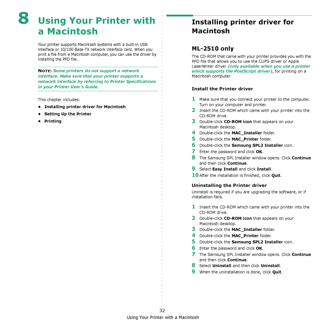 Samsung ML-2570 Series manual Using Your Printer with a Macintosh, Installing printer driver for Macintosh, ML-2510 only 