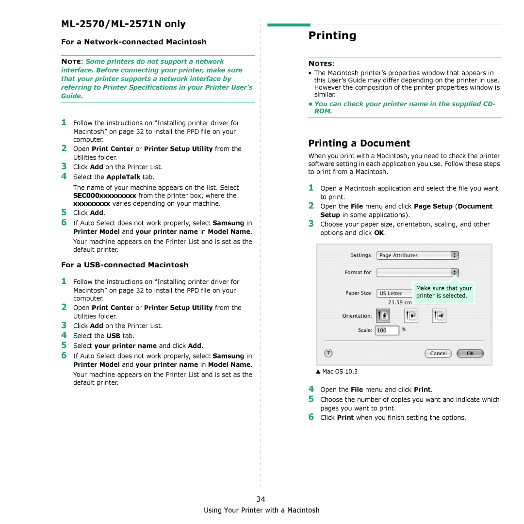 Samsung ML-2570 Series manual Printing a Document, ML-2570/ML-2571N only, For a Network-connected Macintosh 