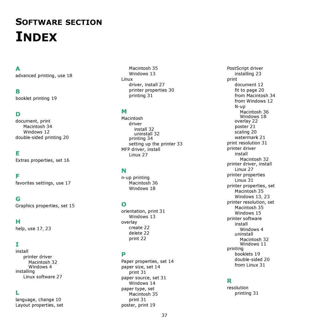Samsung ML-2570 Series manual Index, Software Section 