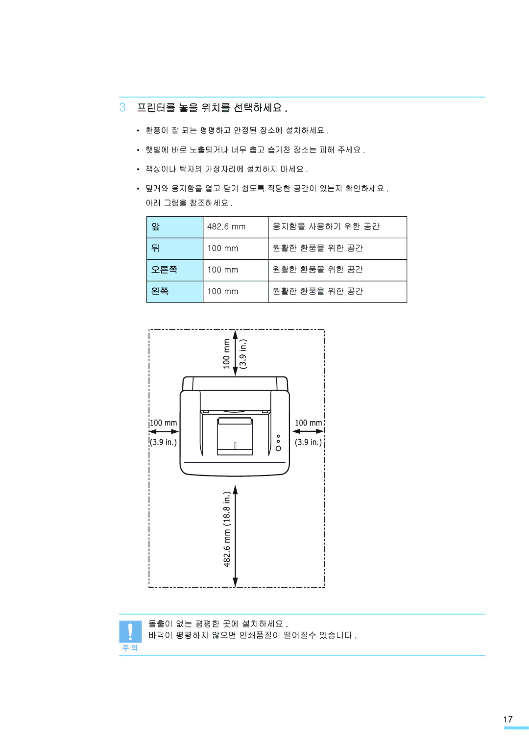 Samsung ML-2571N manual 프린터를 놓을 위치를 선택하세요, 오른쪽 