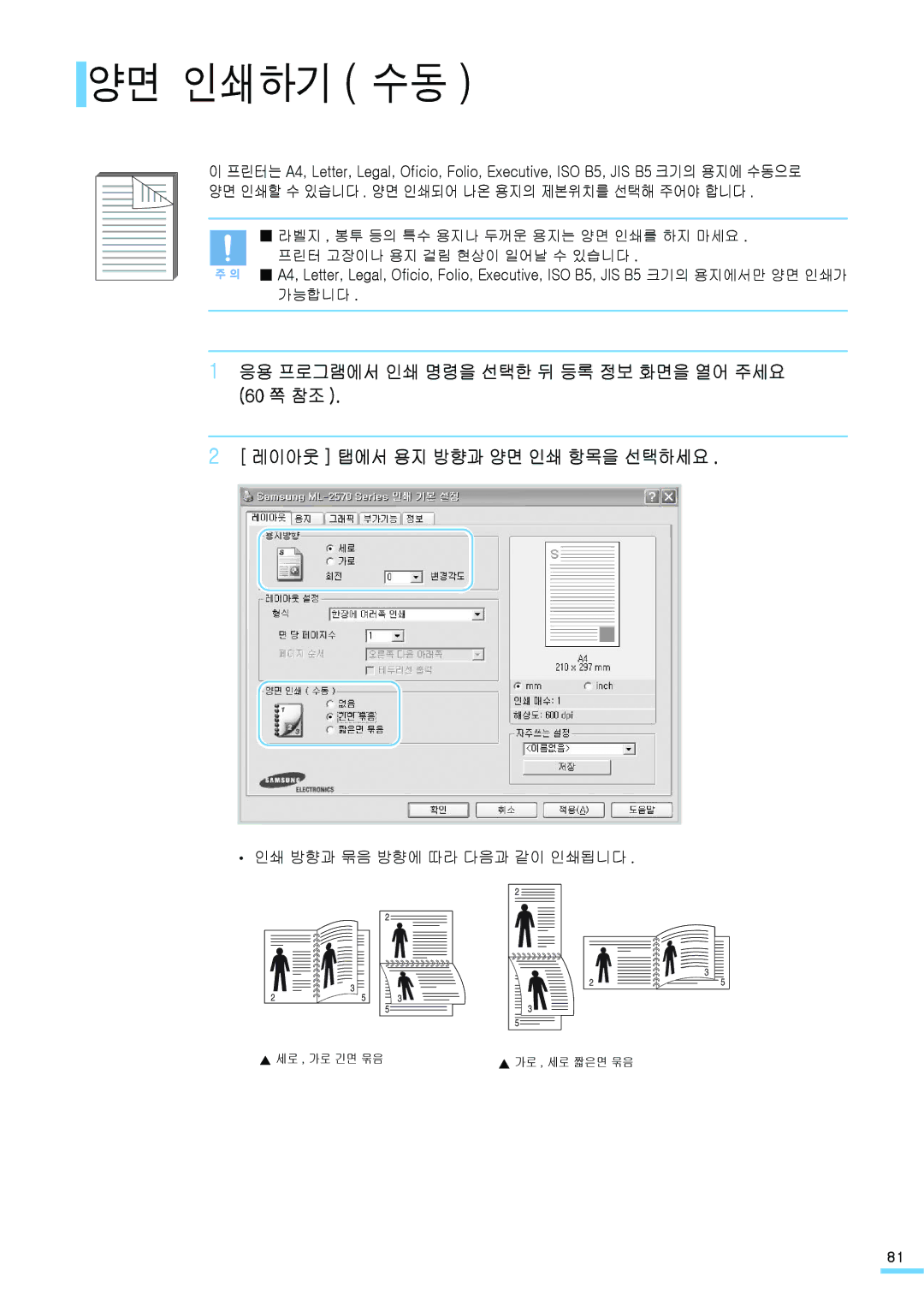 Samsung ML-2571N manual 양면 인쇄하기 수동, 인쇄 방향과 묶음 방향에 따라 다음과 같이 인쇄됩니다 