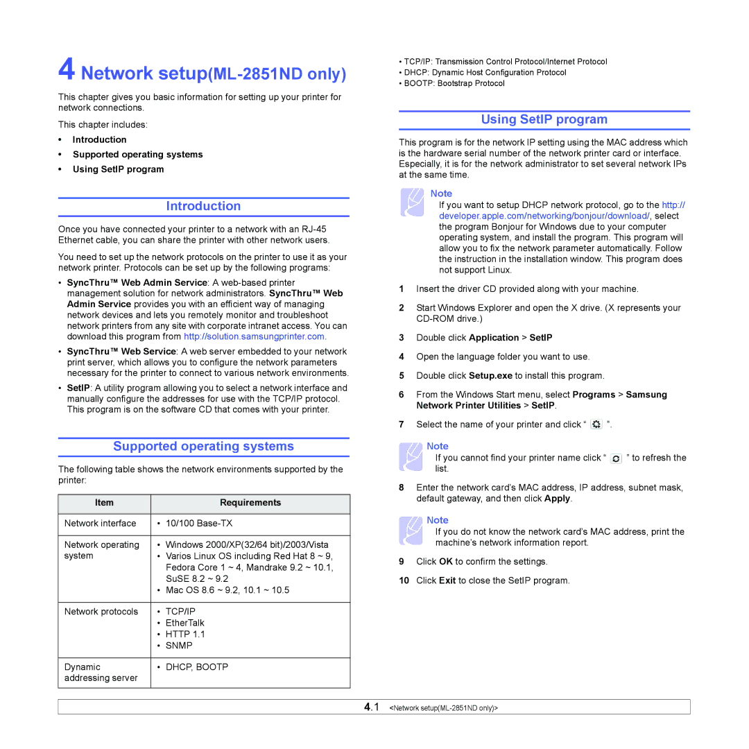 Samsung ML-2850D manual Supported operating systems, Using SetIP program, Double click Application SetIP 