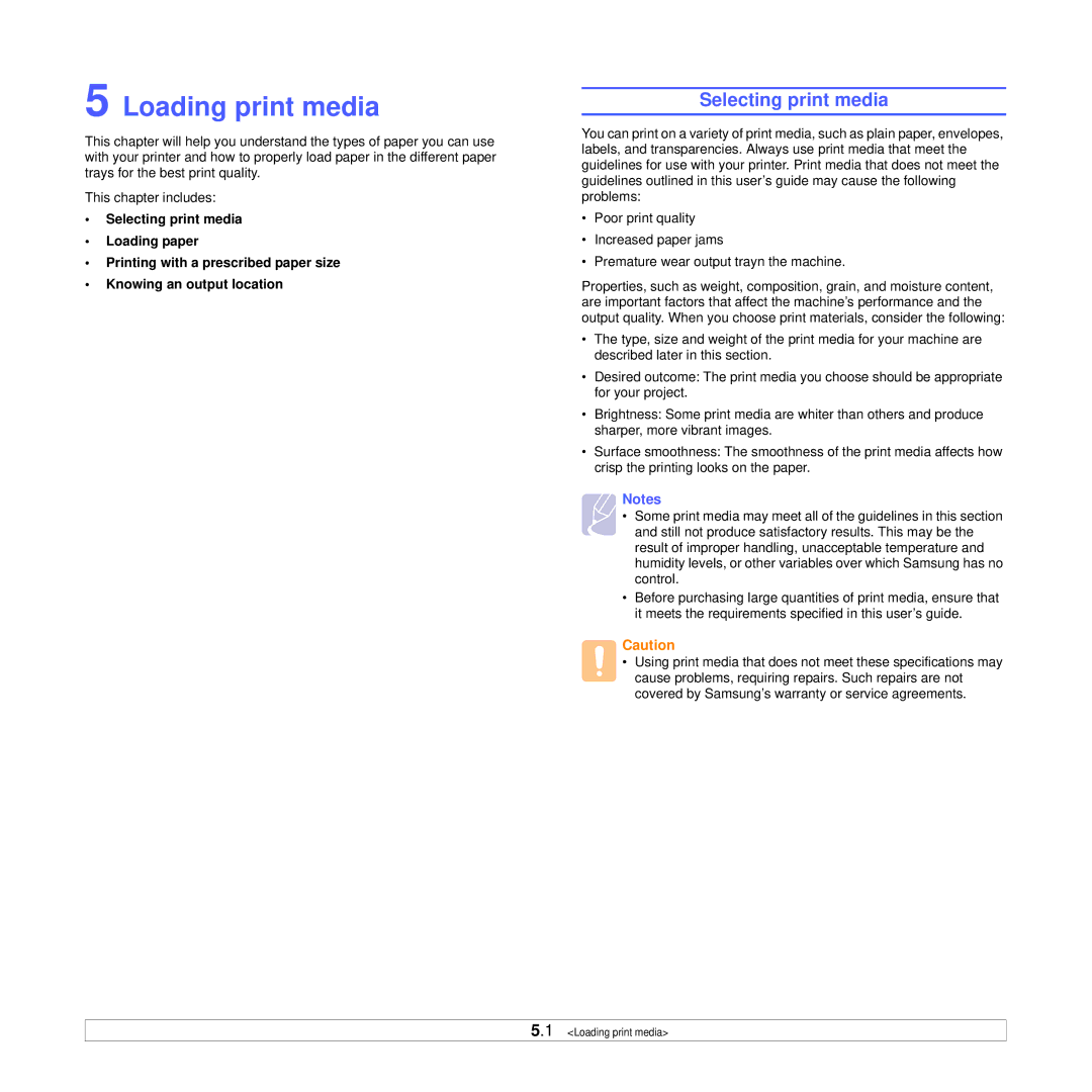 Samsung ML-2850D manual Loading print media, Selecting print media 