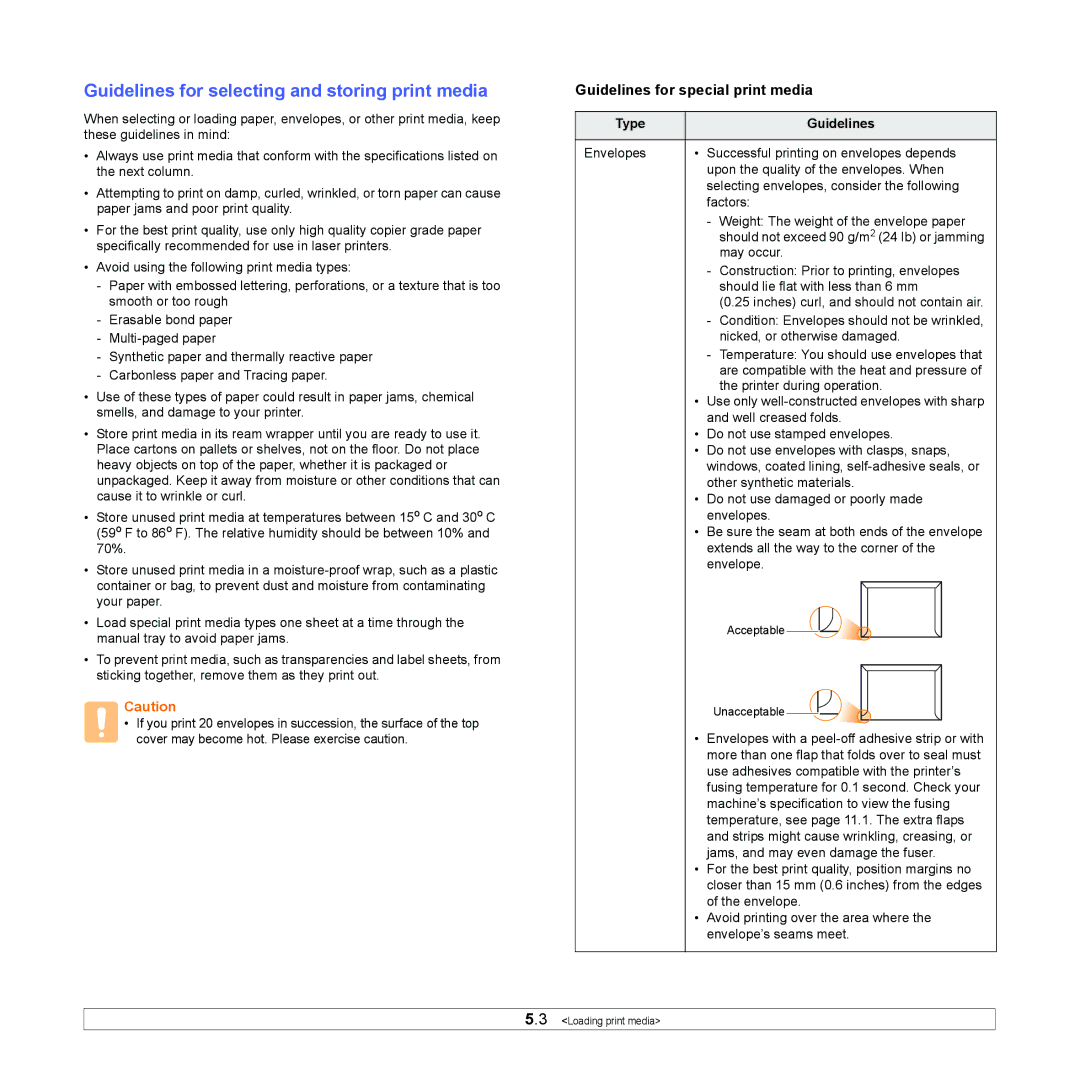 Samsung ML-2850D Guidelines for selecting and storing print media, Guidelines for special print media, Type Guidelines 