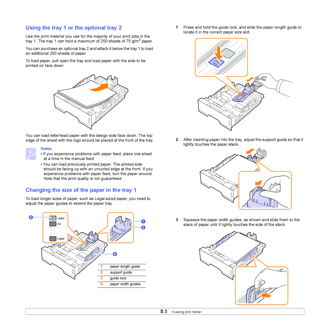 Samsung ML-2850D manual Using the tray 1 or the optional tray, Changing the size of the paper in the tray 