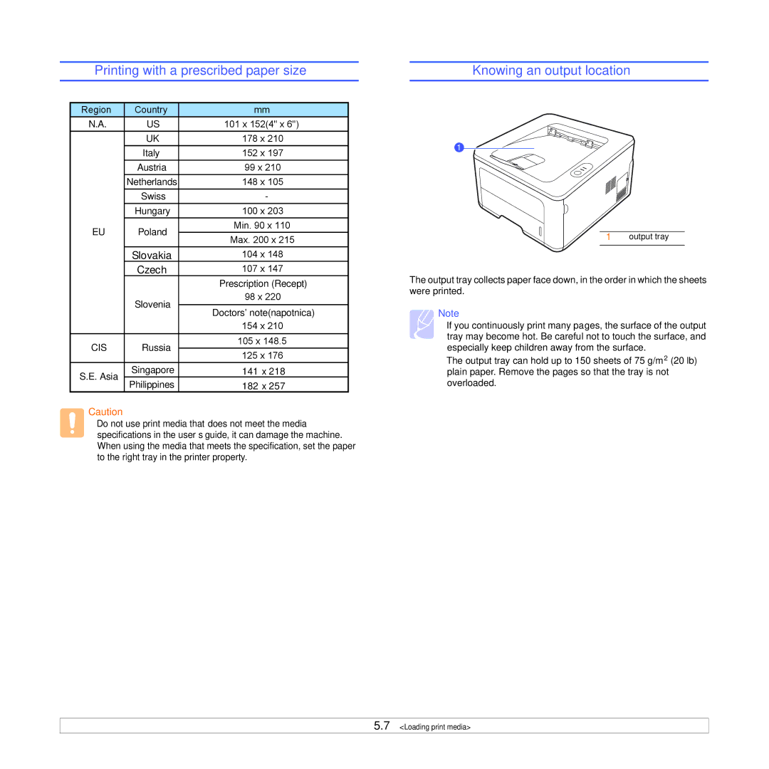 Samsung ML-2850D manual Printing with a prescribed paper size, Knowing an output location, Slovakia, Czech 