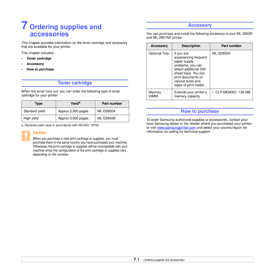 Samsung ML-2850D manual Ordering supplies and accessories, Toner cartridge, Accessory, How to purchase 