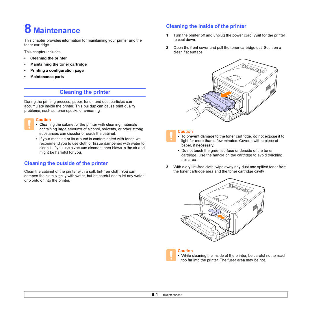 Samsung ML-2850D manual Maintenance, Cleaning the printer, Cleaning the outside of the printer 