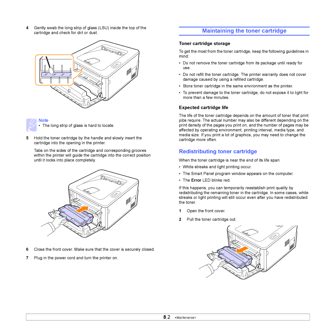 Samsung ML-2850D manual Maintaining the toner cartridge, Redistributing toner cartridge, Toner cartridge storage 