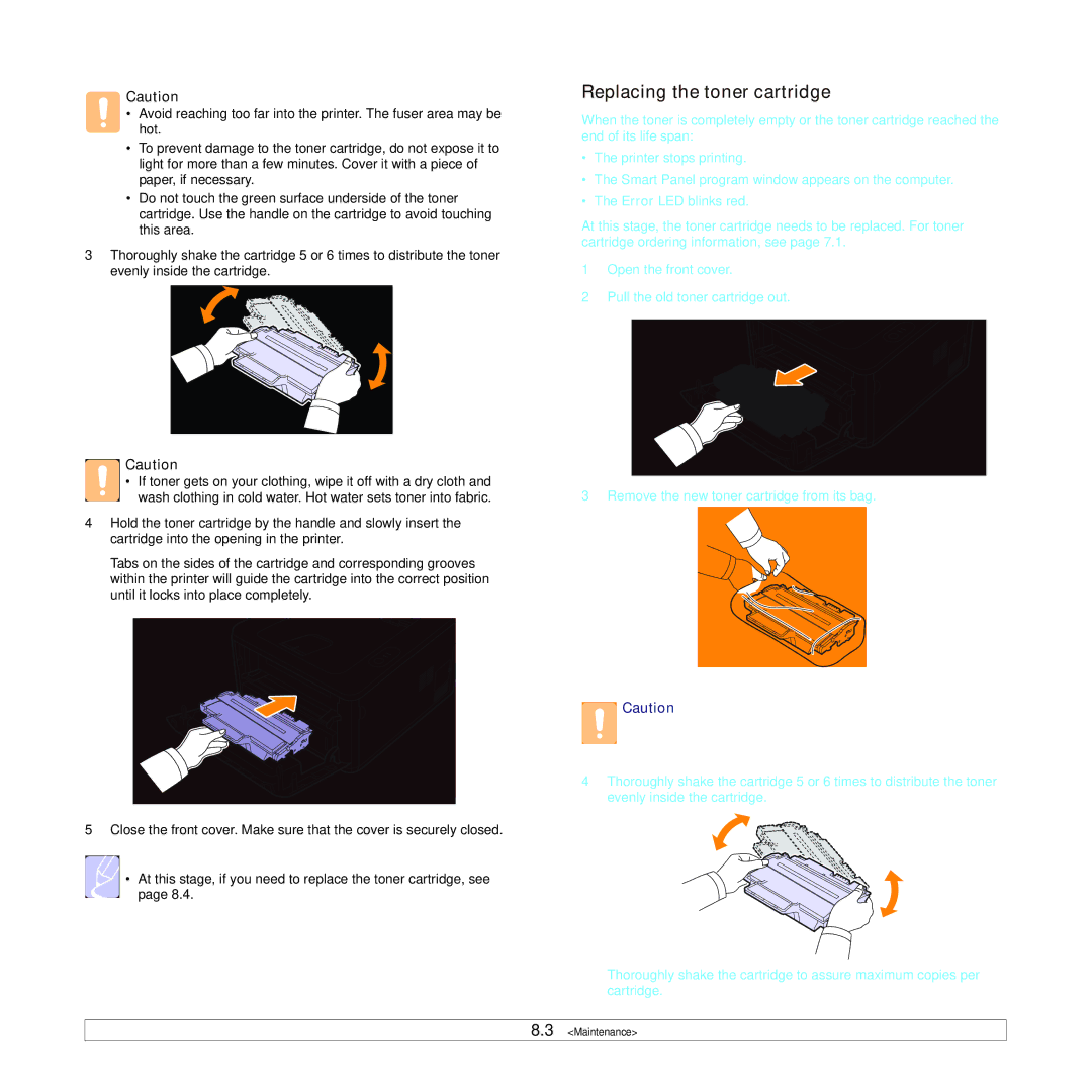 Samsung ML-2850D manual Replacing the toner cartridge 