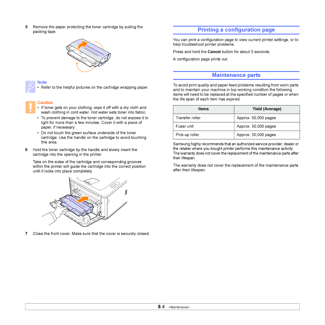 Samsung ML-2850D manual Printing a configuration, Maintenance parts, Items Yield Average 