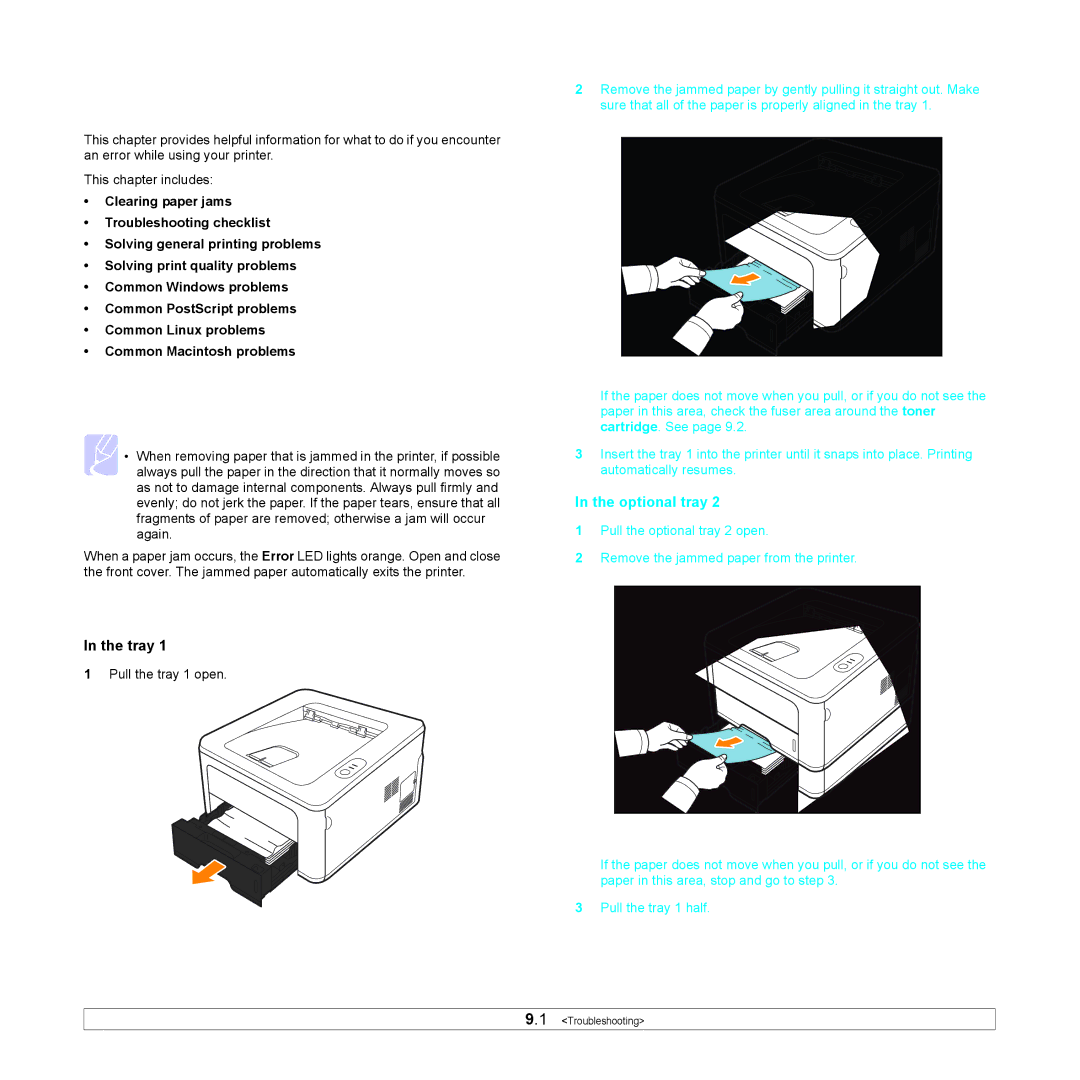 Samsung ML-2850D manual Troubleshooting, Clearing paper jams, Paper feed area, Tray, Optional tray 