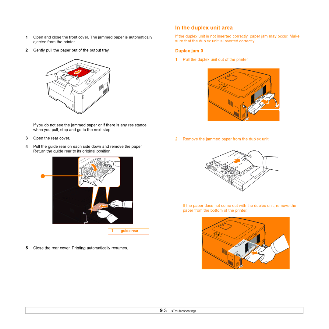 Samsung ML-2850D manual Paper exit area, Duplex unit area, Duplex jam 