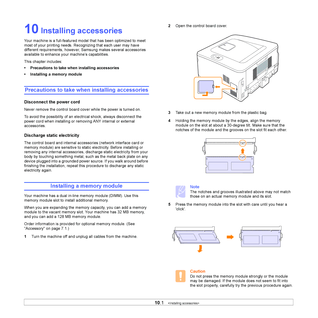 Samsung ML-2850D manual Installing accessories, Precautions to take when installing accessories, Installing a memory module 