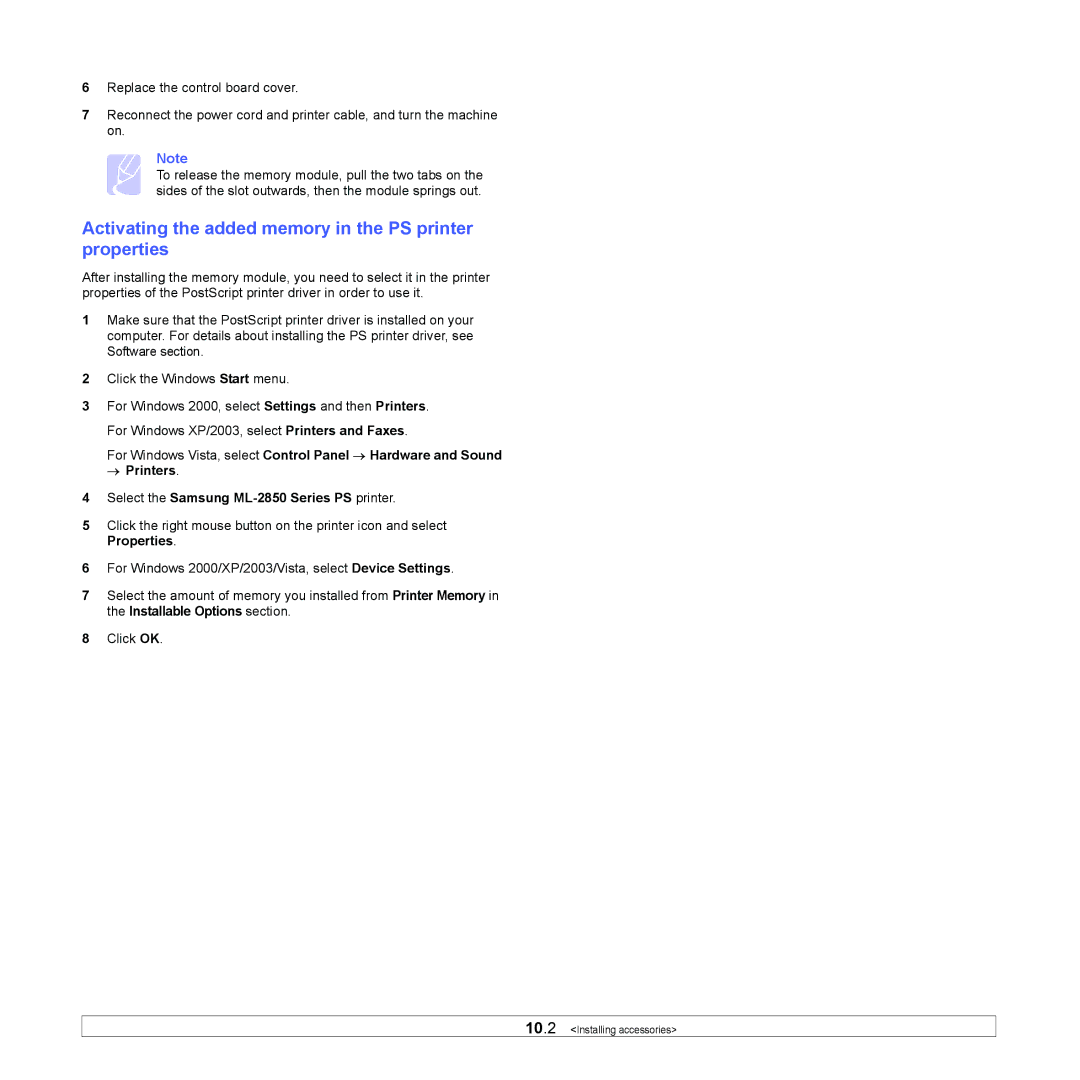 Samsung ML-2850D manual Activating the added memory in the PS printer properties 