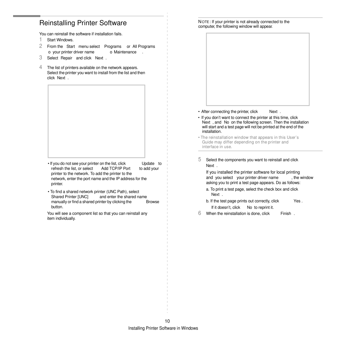 Samsung ML-2850D manual Reinstalling Printer Software, Select the components you want to reinstall and click Next 