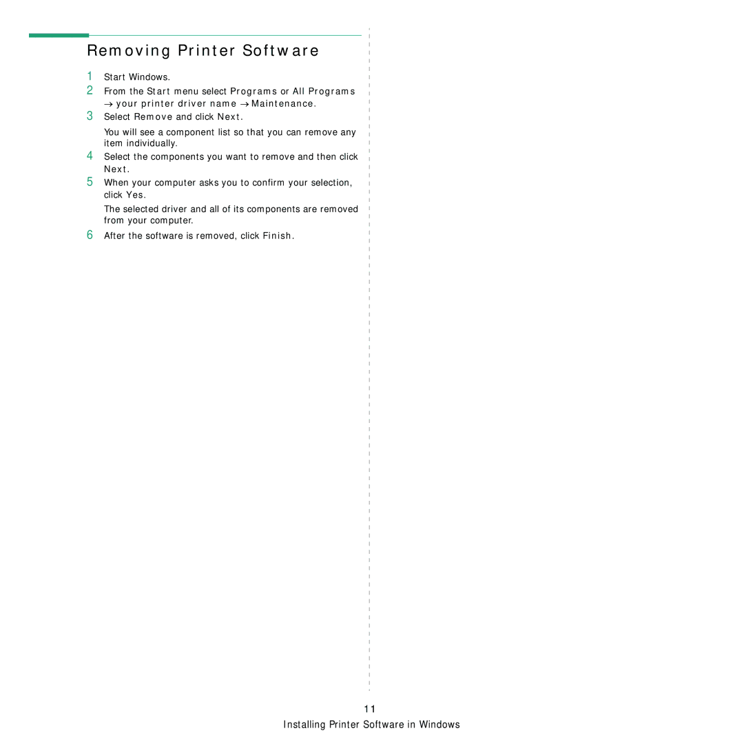 Samsung ML-2850D manual Removing Printer Software, Next 