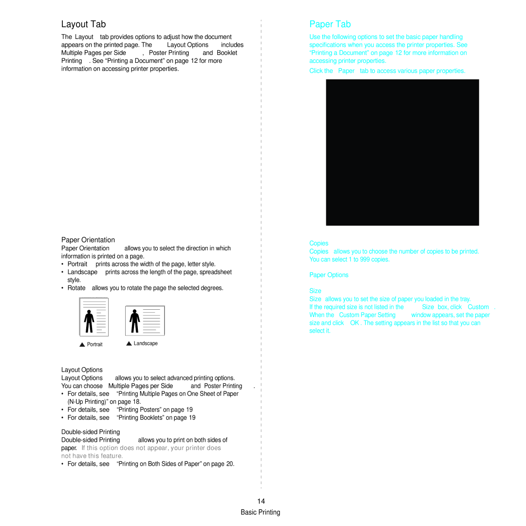 Samsung ML-2850D manual Layout Tab, Paper Tab, Paper Orientation 