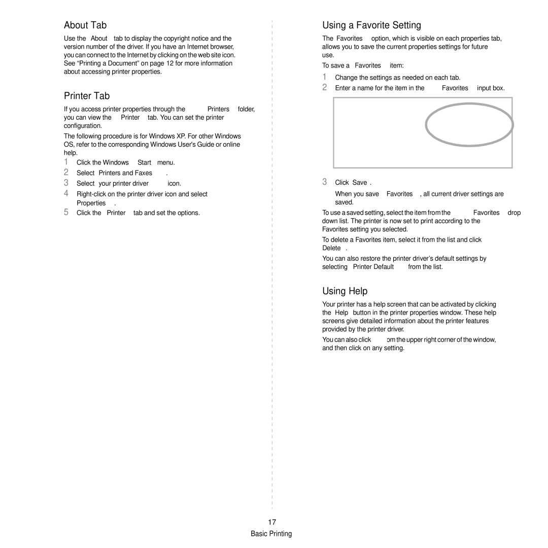 Samsung ML-2850D manual About Tab, Printer Tab, Using a Favorite Setting, Using Help, Properties 