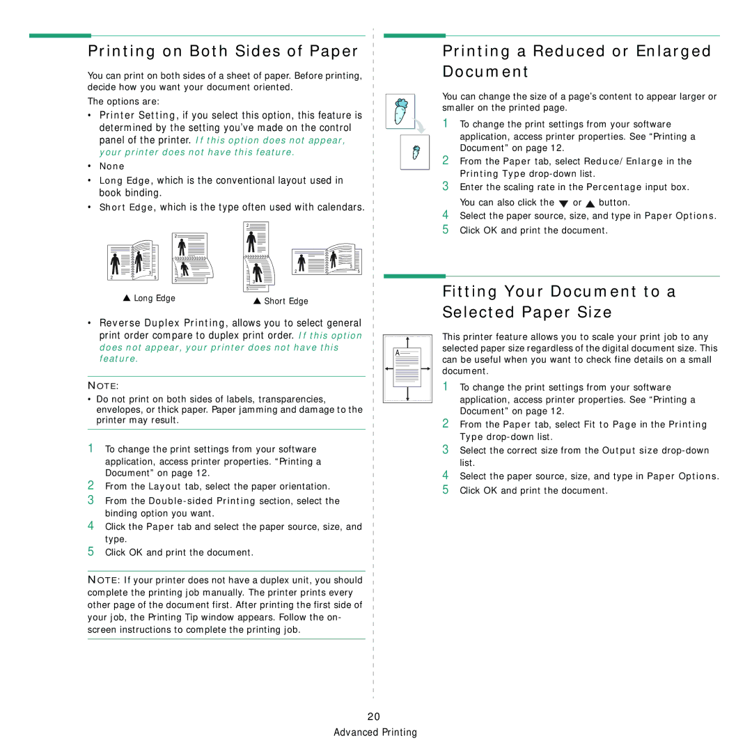 Samsung ML-2850D manual Printing on Both Sides of Paper, Printing a Reduced or Enlarged Document, None 