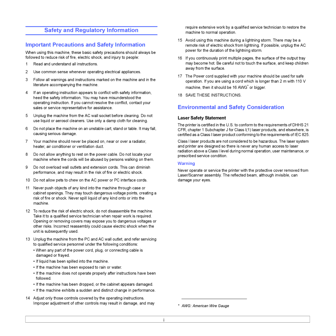 Samsung ML-2850D Safety and Regulatory Information, Important Precautions and Safety Information, Laser Safety Statement 