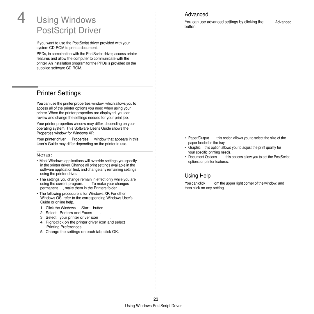 Samsung ML-2850D manual Using Windows PostScript Driver, Advanced 