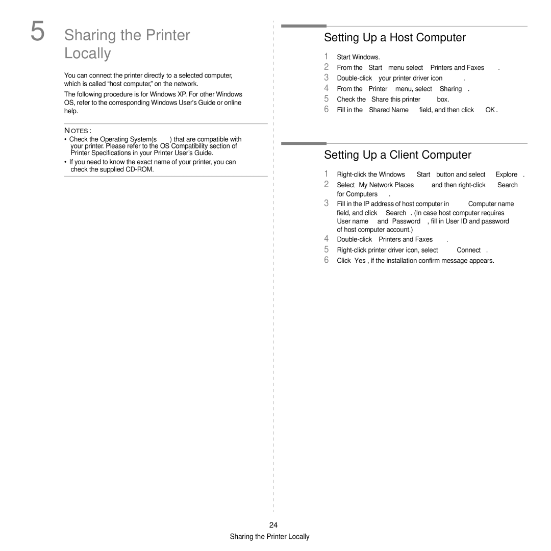 Samsung ML-2850D manual Setting Up a Host Computer, Setting Up a Client Computer, Check the Share this printer box 