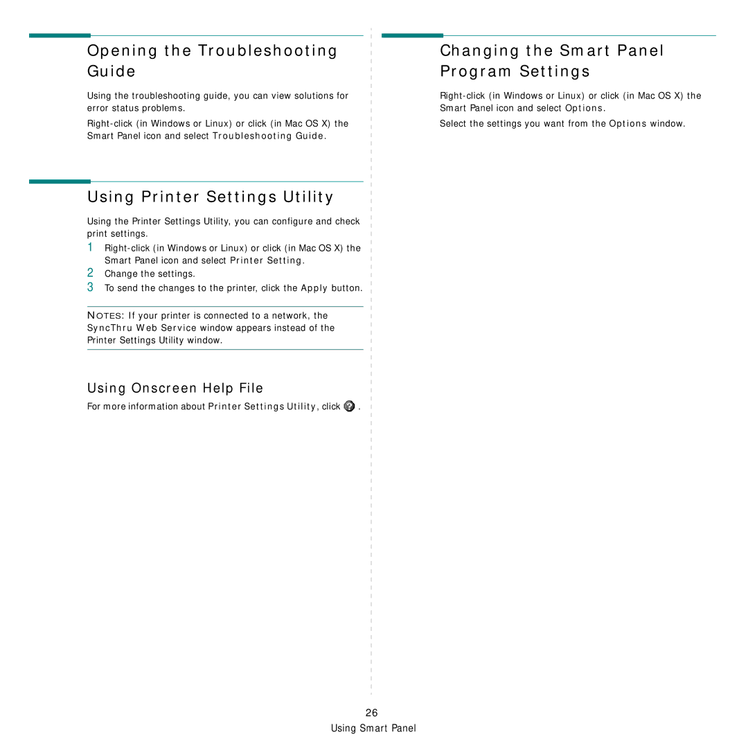 Samsung ML-2850D manual Opening the Troubleshooting Guide, Using Printer Settings Utility, Using Onscreen Help File 