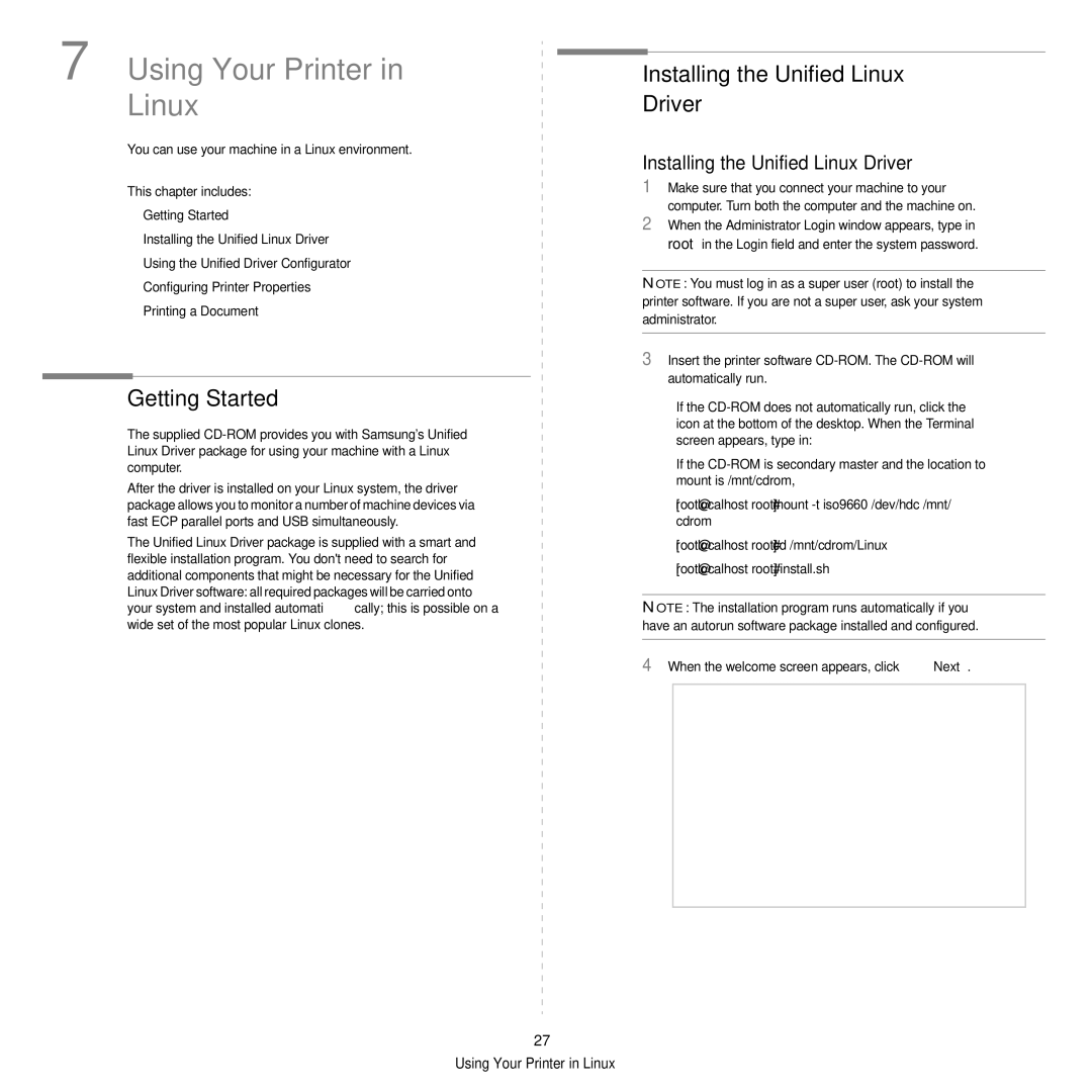 Samsung ML-2850D manual Getting Started, Installing the Unified Linux Driver, When the welcome screen appears, click Next 