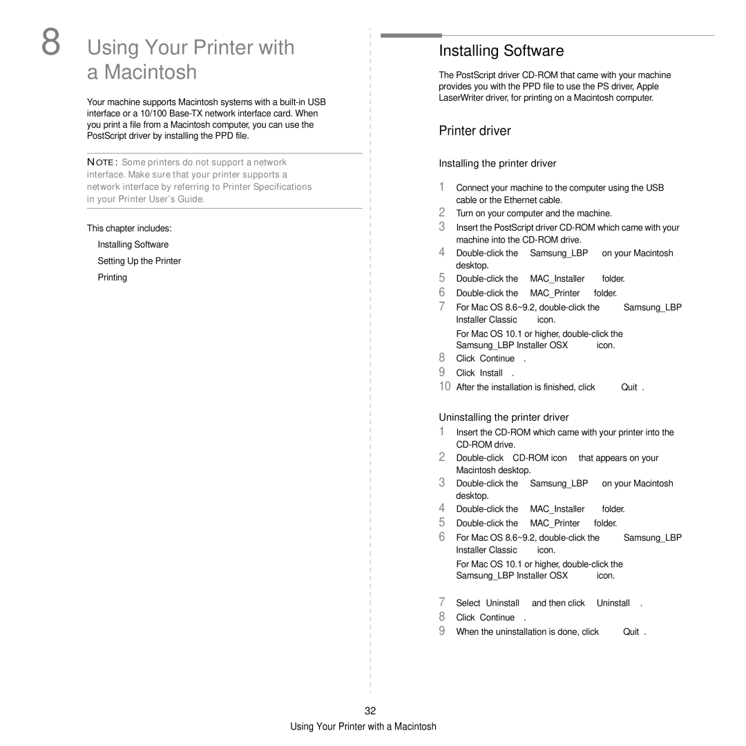 Samsung ML-2850D manual Installing Software, Printer driver, Installing the printer driver, Uninstalling the printer driver 