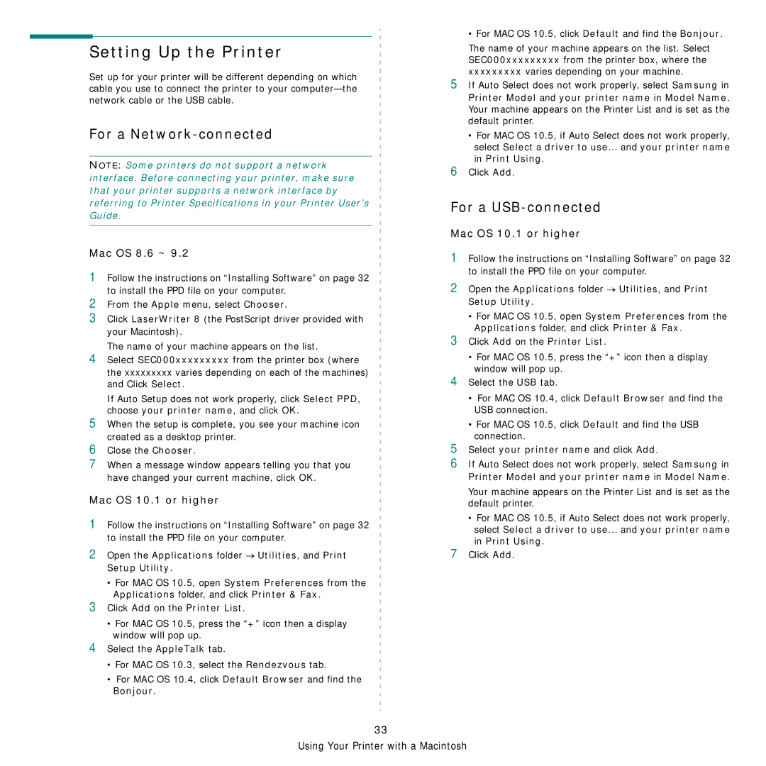 Samsung ML-2850D Setting Up the Printer, For a Network-connected, For a USB-connected, Mac OS 8.6 ~, Mac OS 10.1 or higher 