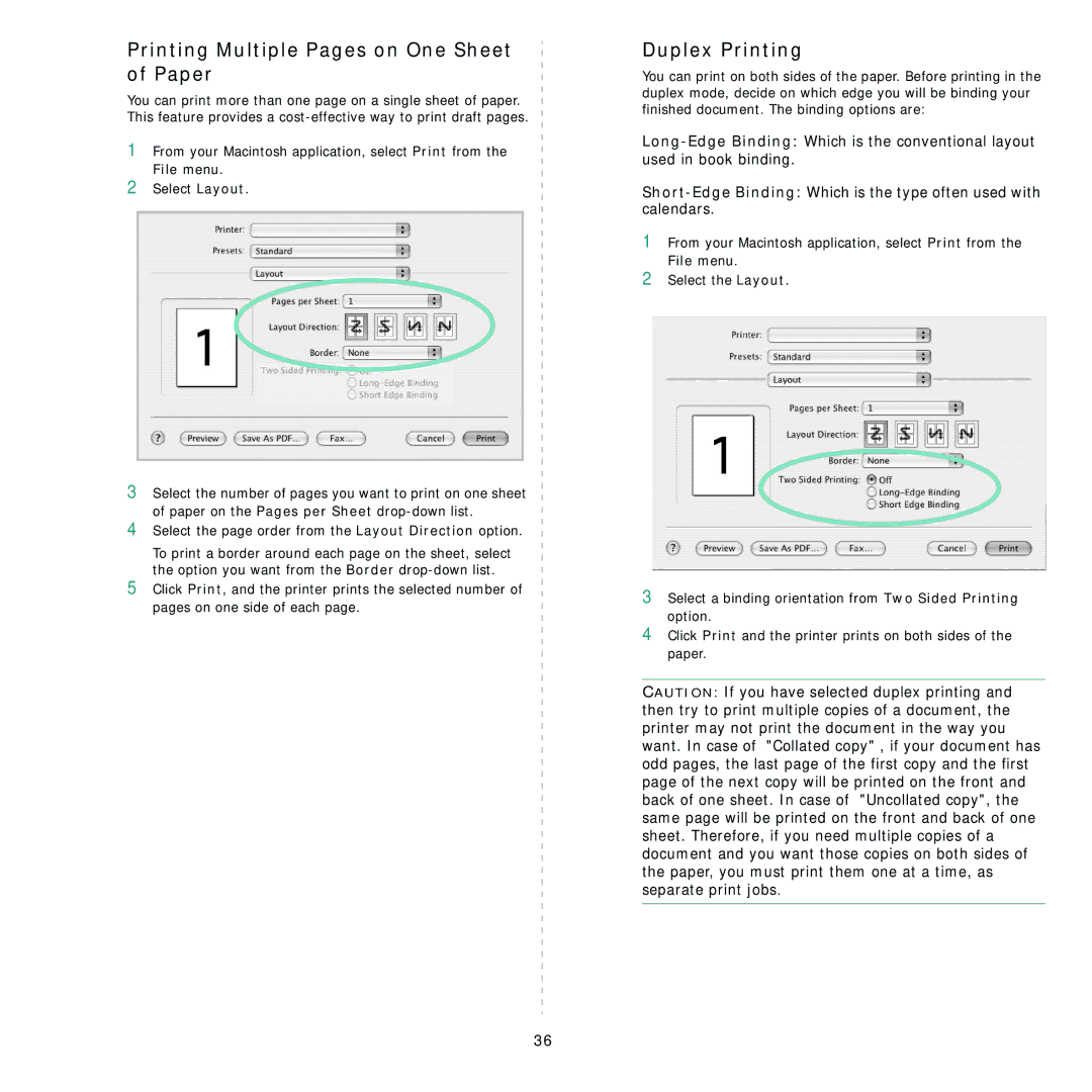 Samsung ML-2850D manual Printing Multiple Pages on One Sheet of Paper, Duplex Printing 