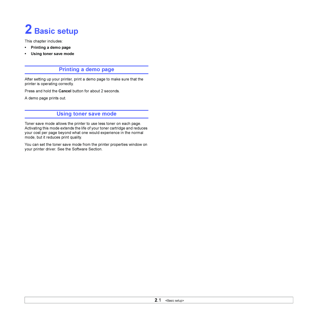 Samsung ML-2850D manual Basic setup, Printing a demo page Using toner save mode 