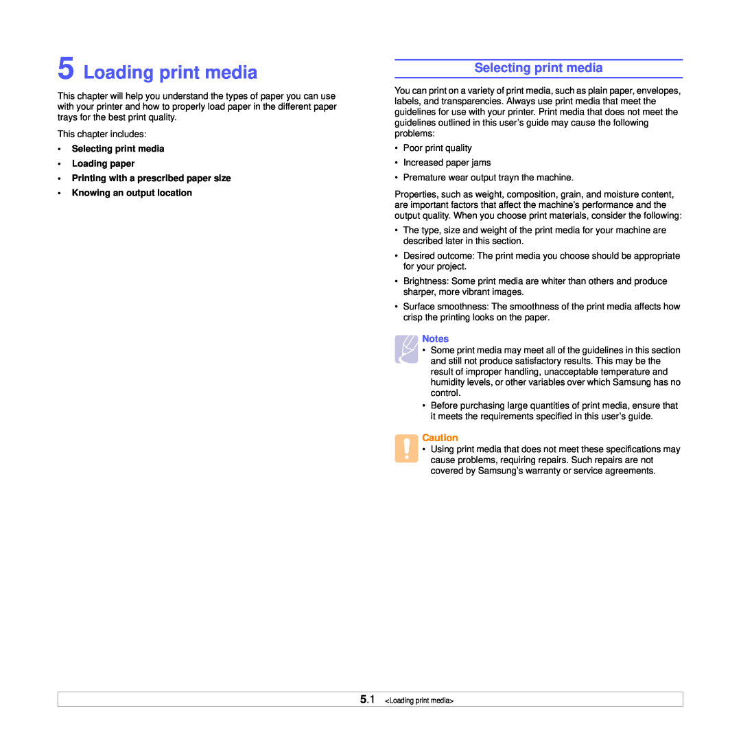 Samsung ML-2850D manual Loading print media, Selecting print media Loading paper 