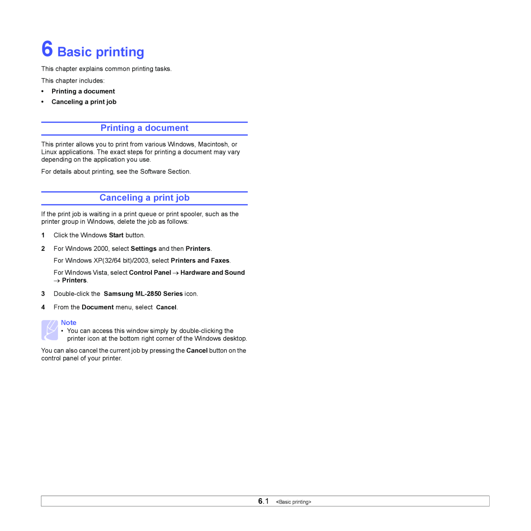 Samsung ML-2850D manual Basic printing, Printing a document Canceling a print job 