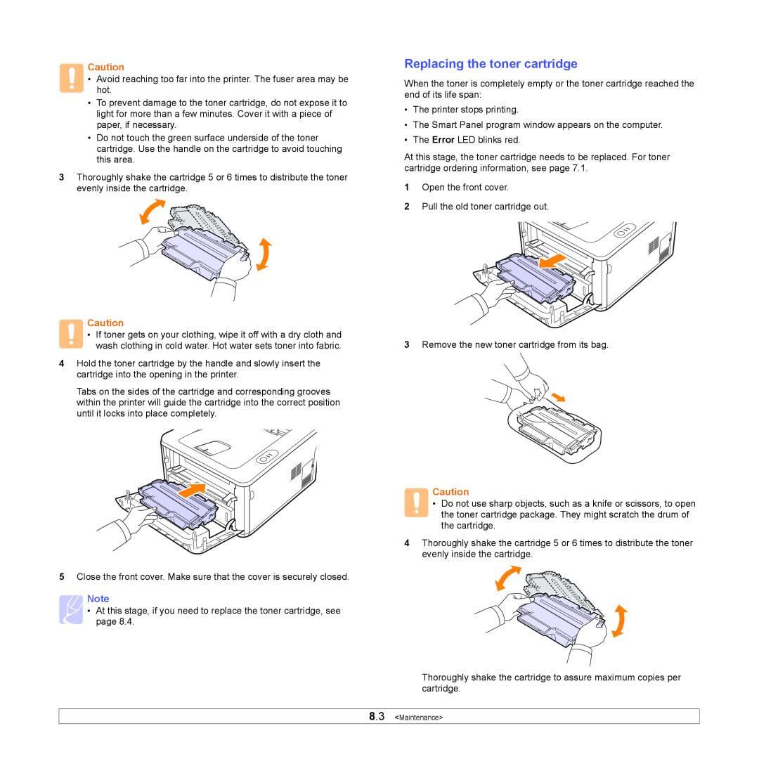 Samsung ML-2850D manual Replacing the toner cartridge, Maintenance 